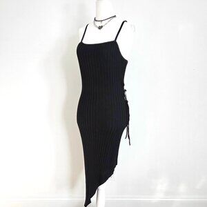 Forever 21 Ribbed Midi Dress Large Black Lace Up Asymmetrical Subversive Y2K NWT